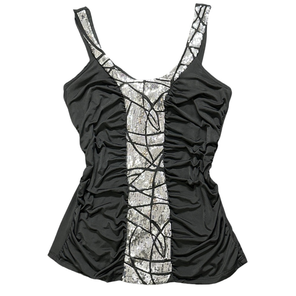Y2K TOPIA women's black and silver sequin rouched scoop neck tank, S.